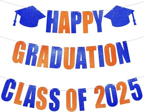Yeaqee Happy Graduation 2025 Glitter Pre-strung Banner for Class of 2025 Graduation Sign Congrats Grad Banner with Cap Garland Sign, Happy Graduation Class of 2025 Party Supplies(Blue Orange) in Saudi Arabia