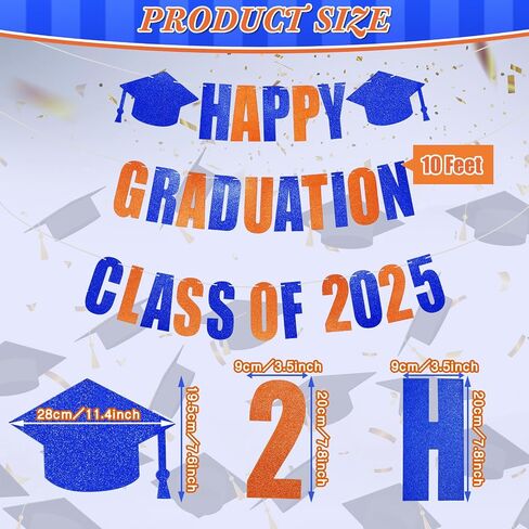 Yeaqee Happy Graduation 2025 Glitter Pre-strung Banner for Class of 2025 Graduation Sign Congrats Grad Banner with Cap Garland Sign, Happy Graduation Class of 2025 Party Supplies(Blue Orange) in Saudi Arabia