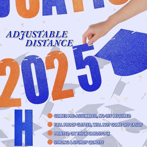 Yeaqee Happy Graduation 2025 Glitter Pre-strung Banner for Class of 2025 Graduation Sign Congrats Grad Banner with Cap Garland Sign, Happy Graduation Class of 2025 Party Supplies(Blue Orange) in Saudi Arabia