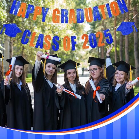 Yeaqee Happy Graduation 2025 Glitter Pre-strung Banner for Class of 2025 Graduation Sign Congrats Grad Banner with Cap Garland Sign, Happy Graduation Class of 2025 Party Supplies(Blue Orange) in Saudi Arabia