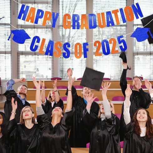Yeaqee Happy Graduation 2025 Glitter Pre-strung Banner for Class of 2025 Graduation Sign Congrats Grad Banner with Cap Garland Sign, Happy Graduation Class of 2025 Party Supplies(Blue Orange) in Saudi Arabia