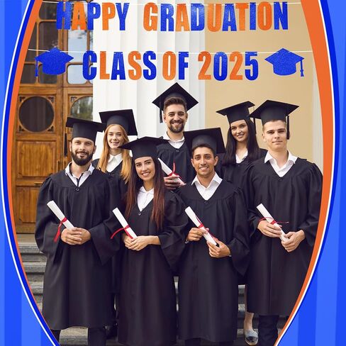 Yeaqee Happy Graduation 2025 Glitter Pre-strung Banner for Class of 2025 Graduation Sign Congrats Grad Banner with Cap Garland Sign, Happy Graduation Class of 2025 Party Supplies(Blue Orange) in Saudi Arabia