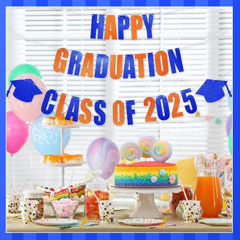 Yeaqee Happy Graduation 2025 Glitter Pre-strung Banner for Class of 2025 Graduation Sign Congrats Grad Banner with Cap Garland Sign, Happy Graduation Class of 2025 Party Supplies(Blue Orange) in Saudi Arabia