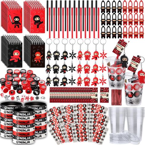 Wettarn 161 Pcs Ninja Party Favors Ninja Birthday Decorations Pirate Party Supplies Include Stretchy Flying Notepads Silicone Wristband Key Chains Stickers Stamps Pens Cups with Lids Thank You Tags in Saudi Arabia