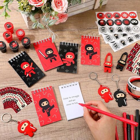 Wettarn 161 Pcs Ninja Party Favors Ninja Birthday Decorations Pirate Party Supplies Include Stretchy Flying Notepads Silicone Wristband Key Chains Stickers Stamps Pens Cups with Lids Thank You Tags in Saudi Arabia