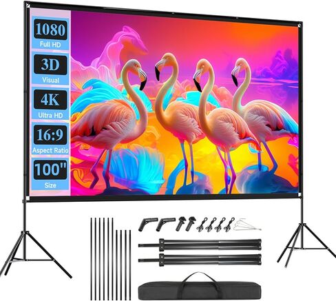 Outdoor Projector Screen with Stand, SCREENMAX 120 inch Foldable Projector Screens with Portable Carry Bag, 16:9 4k HD Rear Front Wrinkle-Free Projection Screen for Movie Night and Indoor Home Theater in Kuwait