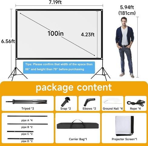 Outdoor Projector Screen with Stand, SCREENMAX 120 inch Foldable Projector Screens with Portable Carry Bag, 16:9 4k HD Rear Front Wrinkle-Free Projection Screen for Movie Night and Indoor Home Theater in Kuwait