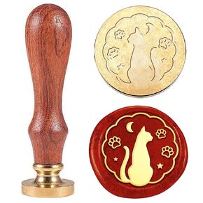 1pc Vintage Cat Wax Seal Stamp Cat with Cat Paw Sealing Wax Stamp 25mm Removable Brass Stamp Head with Wooden Handle for Envelopes Invitations Wedding Embellishment Decor