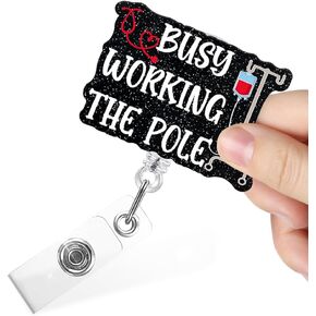 Busy Working The Pole Funny Glitter Retractable Badge Reels with Alligator Clip for Night Shift Nurse Doctor, ER Nurse Gifts, Paramedic Gifts for Nursing Student B