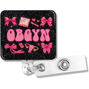 Obgyn Funny Pink Bow Glitter Glitter Begge ، حامل شارة قابل للسحب مع مقطع التمساح لممرضة L&D Obgyn مبيض OB Pediatric أمراض النساء العامل الطبي ، العامل الطبي ،
