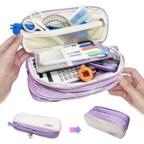 Pencil Case Large Capacity Pouch Bag with Zippers, Expandable Pen Bag Storage Holds 50-100 Pencils, Colors Pencil Box Organizer Case Office School Supplies for Girls Boys Adults(Purple)