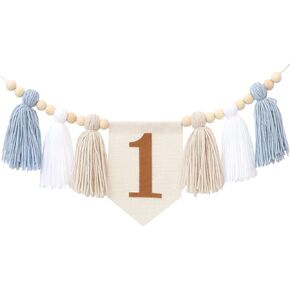 Handmade Boho 1st Birthday High Chair Banner Party Decoration For Girl Baby Shower Blue And White Wall Hangings Decorative For Kids Bedroom