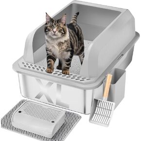 Stainless Steel Cat Litter Box with Lid, XL Large Litter Box for Large Cats, Enclosed Kitty Litter Pan with High Sides, Anti-Leakage & Non-Stick, Easy to Clean, Included Scoop, Aisle and Mat