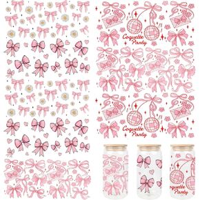 8 Sheets UV DTF Cup Wrap, Pink Bow Transfer Cup Stickers for 16 oz Glass Water Bottle, Glass Cup DTF Transfer Stickers for Girls DIY Craft Decorations