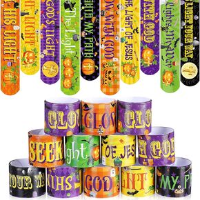 Vinsot 100 Pcs Halloween Slap Bracelets Religious Party supplies Christian Slap Bracelets Bulk Halloween Snap Bracelet Bible Verses Wristbands Toys for Sunday School Gifts Classroom Prizes