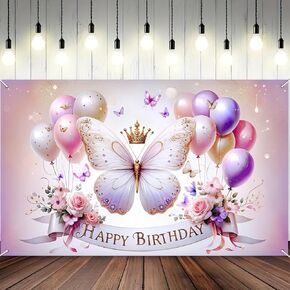 BlissYard Pink Butterfly Happy Birthday Backdrop Banner Colorful Flower Background 71x43 Inch Happy Birthday Party Banner for Kids Girls Boys