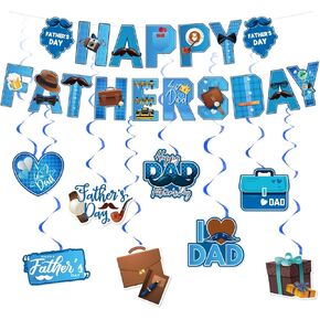 Happy Father's Day Banner, with Hat Moustache Beer Bow Necktie Heart Signs Etc, Happy Dad's Day Party Decorations Supplies for Home Indoor Outdoor, Gift From Sons or Daughters