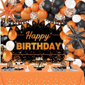 62pcs Orange Birthday Decorations Orange Black Happy Birthday Banner Backdrop Balloons Arch Kit Star Foil Balloons Tablecloth Halloween Graduation Party Decorations Supplies for Women Men