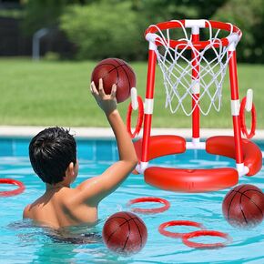 SpringFlower Floating Pool Basketball Hoop, Summer Swimming Pool Basketball Hoop for Kids & Adults,Summer Pool Outdoor Play with Ring Toss & Balls & Pump,Red