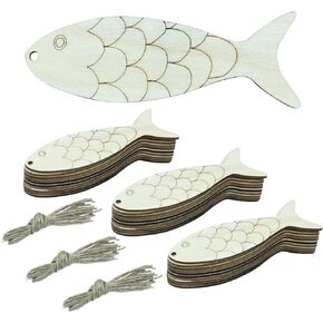 HITEFU 30 PCS DIY Craft Wooden Fish Clutouts ، غير مكتملة علامات خشبية فارغة غير مكتم