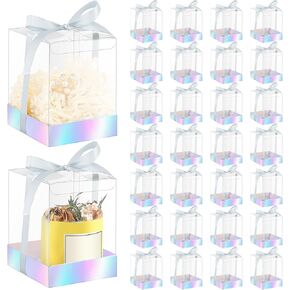 Cunno 36 Set 3.5 x 3.5 x 4.3 in Transparent Candle Gift Box Packaging Box 4-18 oz Tealight Candle Holders Bulk Paper Bottom Cover with Ribbon Box for Christmas Wedding Baby Shower Party(Kraft Color)
