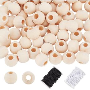 PH PandaHall 10mm Wooden Beads with Elastics, 100pcs Natural Round Wood Beads Unfinished Craft Beads and 2 Colors 3mm Elastic Cords for Garland Jewelry Making Necklace Bracelet DIY Craft Home Decor