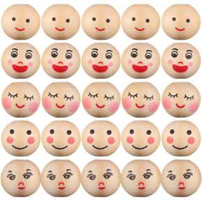 COHEALI 50pcs Wooden Beads with Face: 20mm Round Smiling Face Wood Spacer Loose Beads for DIY Bracelet Necklace Jewelry Making, 5 Styles