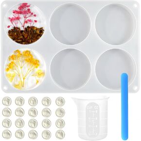 Round Resin Molds,Large 6 Cavity Deep Coaster Resin Molds Silicone for Epoxy Resin,Cups,Mats,Coasters,DIY Crafts,with 250ml Measuring Cup,Stirring Rod,Finger Cots (Round Coaster Mold)