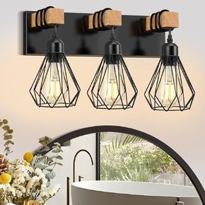 3-Light Farmhouse Bathroom Vanity Light Fixtures, Metal & Wood Bathroom Lighting Fixtures Over Mirror, Rustic Wall Sconces with Elegant Bud Lampshade for Living Bedroom Hallway (Bulbs Excluded)