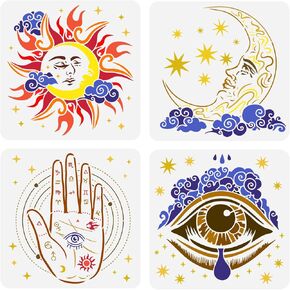 FINGERINSPIRE 4-Piece Astrology Painting Stencil Set, 11.8x11.8in: Mandala Moon Sun Stars Palm Eyes DIY Craft Stencil for Wall Wood Decor