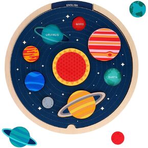 Petit Collage: Multi-Language Solar System Wooden Tray Puzzle | Teaches Kids Planet Names in 6 Different Languages | Includes Inter-Changeable Language Sheets| STEAM Activity | Great for Ages 3+