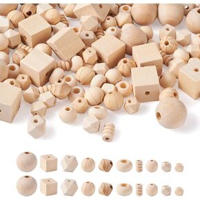 Craftdady 150pcs Unfinished Geometric Wooden Loose Beads Natural Unpainted Round Polygon Cube Rondelle Column Wood Spacer Beads for Craft Jewelry Making Home Decor