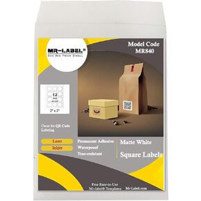 Mr. -Label 2 "Square White Sticker Label - مقاوم للماء ومقاوم للدموع - لطابعة Inkjet & Laser - لحزمة الطعام | حقيبة الهدايا | جرة (10 أوراق إجمالي 120 ملصقات)
