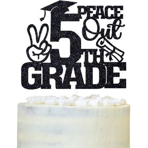 Black Glitter Peace Out 5th Grade Cake Topper, Congrats Grad for 5th Grade Graduate, Kids Fifth Grade Graduation Party Decorations Supplies
