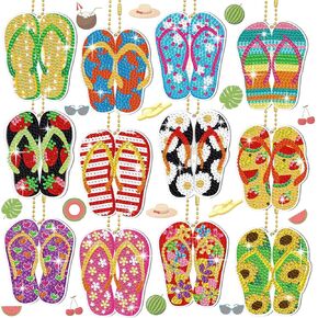 12 PCS Flip Flop Diamond Paintingskains Summer Diamond Key Rings Summer Atching Diamond Art Kits Diamond Art for Kids DIY Crafts