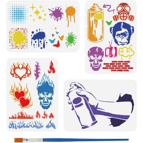 FINGERINSPIRE 4 PCS Graffiti Stencils with Paint Brush 8.3x11.7inch Spray Paint Templates Skull Monkey Stencils Heart Flame Pattern Templates Star Butterfly Stencils DIY Graffiti Theme Templates