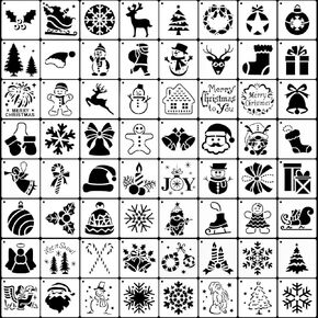 64pcs stencils Christmas Painting - 3x3in snowflake قابلة لإعادة الاستخدام ، ورجال الثلج ، وقوالب الكريسماس الأيائل للحرف اليدوية DIY ، وإستنسل الزخرفة ، وإيماذات الزخارف للنوافذ الزجاجية ، والورق ، والخشب