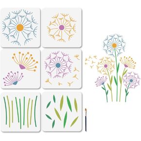 Mayjoydiy 6pcs stencils stencils كبيرة القابلة لإعادة الاستخدام بذور الهندباء القابلة لإعادة الاستخدام للطلاء 11.8 × 11.8 بوصة يترك الجذور قوالب حرفية فنية مع فرشاة الطلاء للنافذة الحائط الخشبي المنزل هدية المنزل