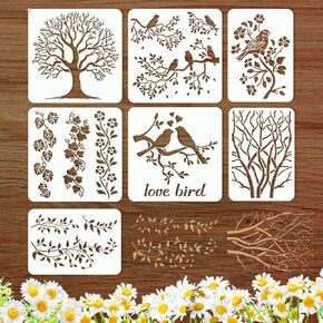 ORIGACH 7 Pcs Tree Leaf Vine Large Stencils for Painting on Wood, Birds on Branches Stencils for Crafts, Reusable Drawing Template for Wall Furniture Canvas