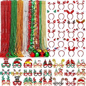 120 PCS عيد الميلاد حفلات الحفلات: قلادات نجمة حبة كبيرة ، قلادات جرس جلجل ، سانتا كلوز ، شجرة عيد الميلاد ، رجل الثلج ، عصابات الأيائل ، إطار نظارات بريق لأزياء عيد الميلاد