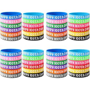 48pcs 100th Day of School Bracelets, Elastic Silicone Happy 100th Day Bracelets Multicolored Silicone Wristbands 100 Day of School Gift for Student Gift Rewards School Party Supplies
