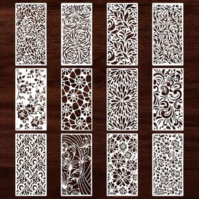 12pcs الإستنسل الأزهار ، استنسل الأزهار للطلاء ، والفنون الفنية للحرف اليدوية قابلة لإعادة الاستخدام ، والحبوب الخشبية قوالب نسيج العنكبوت طبقة الطلاء الطلاء الطلاء على الجدار CAKE CAKE CATY