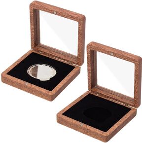 Pligreat 2 Pack Single Coin Wood Wood Box ، Wood Challenge Coin عرض العرض التقديمي CASE 3.15 بوصة مربعة مجموعة عملة شارة واحدة خشبية