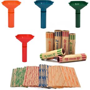 L Likeed Bundle - 3 عناصر: 4 أنابيب Sorters العملة المعدنية بالألوان ، 150 مجموعة من الأغطية عملة مخططة مسطحة و 128 قطعة من العملة المعدنية المتنوعة.