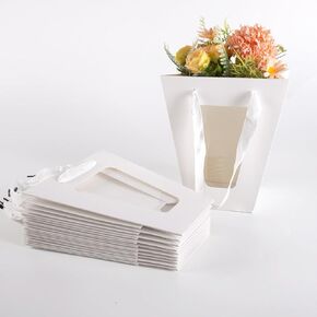 20Packs White Flower Gift Bag with Clear Window, Bouquet Bags with Handle, Party Favor Bags for Mother's Day Wedding Party Birthday