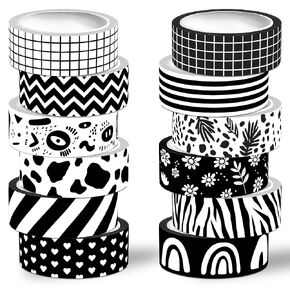 12 Rolls Washi Tape Set ، شريط زخرفي بالأبيض والأسود ، 15 مم من Plaids Stripes شريط تقنيع لمستلزمات اليومية ، مجلة غير مرغوب فيها ، سكرابوكينغ ، فنون وحرف DIY ، غلاف الهدايا