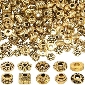 Sunnyclue 1 Box 250pcs 10 Styles Gold Spacer Beads Bulk Metal Flower Beads Tibetan Alloy Antique Golden Tube Flat Rondelle Small Loose Beads for Jewelry Making Bracelet Necklace Orains Diy Crafts