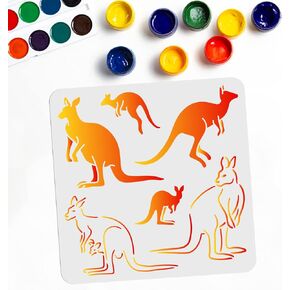 Mayjoydiy 7 Kangaroos stencil قفز الكنغر من الكنغر والطفل مع طفل في Pouch Pocket 11.8 "× 11.8" قابلة لإعادة الاستخدام للحيوانات البرية للحياة البرية DIY Decor Home Decor