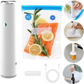 Compact Vacuum Sealer For Food + 5 Reusable Vacuum Bags, Automatic Stop, Rechargeable, 60KPA Suction Power, 1200mAH, Widely Compatible with Vacuum Bags/Containers/Wine Stoppers/Jar Sealers