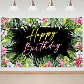 Mocsicka Hawaiian Tropical Birthday Backdrop Banner Tropical Palm Leaves Birthday Party Background Luau Happy Birthday Party Decorations Aloha Birthday Banner Party Banner